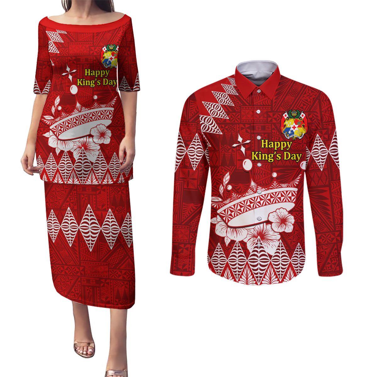 Personalised Tonga King Tupou I Day Couples Matching Puletasi Dress and Long Sleeve Button Shirt Tongan Ngatu Pattern With Crown LT14 Red - Polynesian Pride