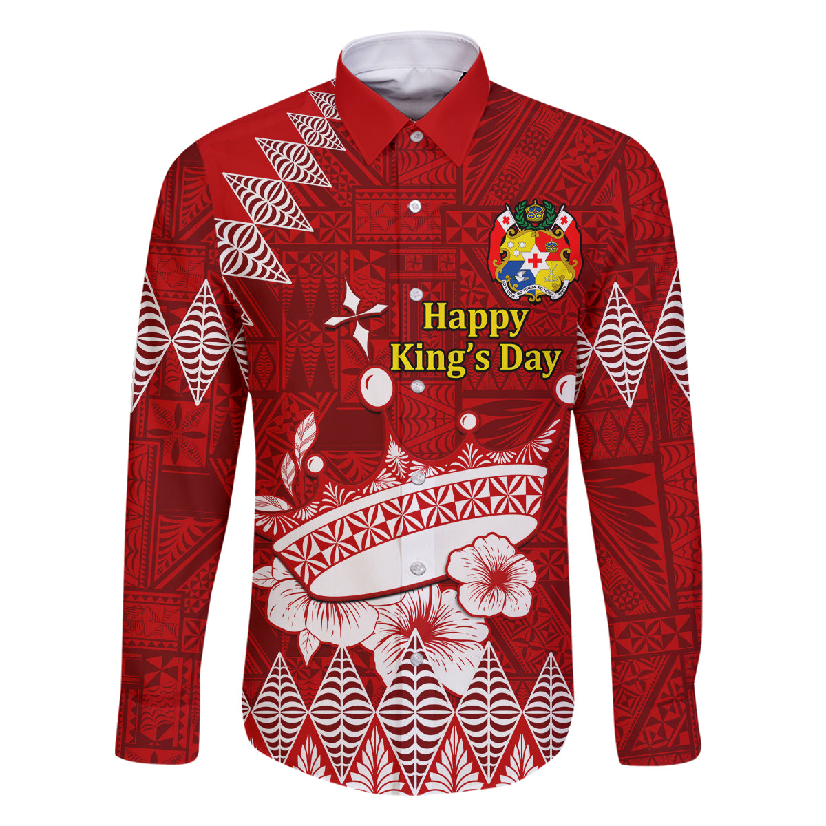 Personalised Tonga King Tupou I Day Family Matching Off Shoulder Maxi Dress and Hawaiian Shirt Tongan Ngatu Pattern With Crown LT14 Dad's Shirt - Long Sleeve Red - Polynesian Pride