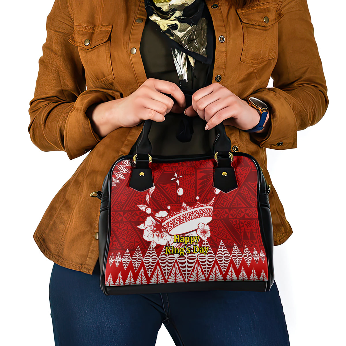 Tonga King Tupou I Day Shoulder Handbag Tongan Ngatu Pattern With Crown LT14 - Polynesian Pride