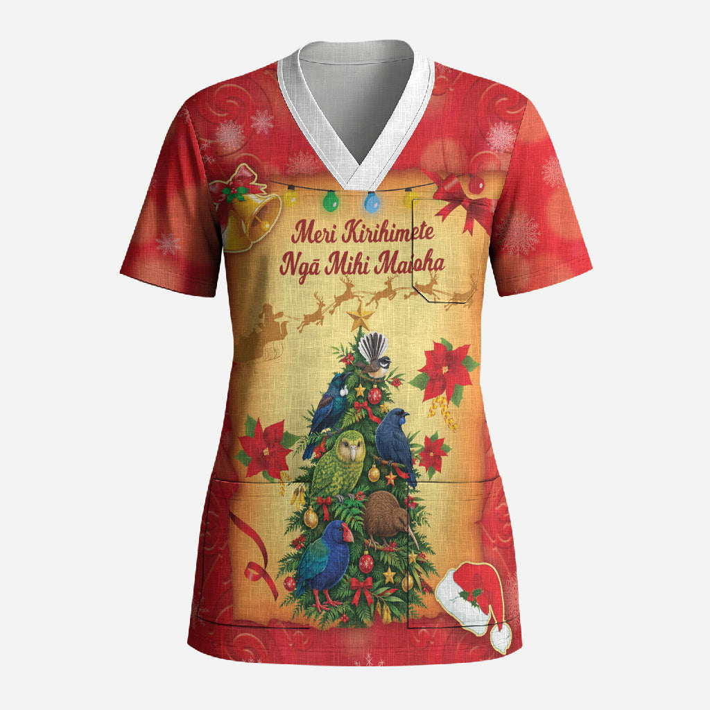 Personalised New Zealand Christmas Scrub Top Meri Kirihimete NZ Xmas Tree Animals LT14 Adult Red - Polynesian Pride
