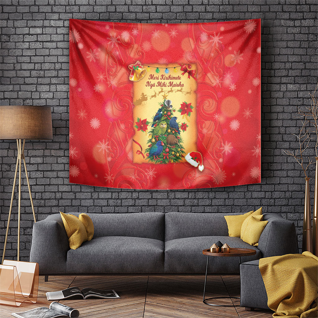 New Zealand Christmas Tapestry Meri Kirihimete NZ Xmas Tree Animals LT14 Red - Polynesian Pride