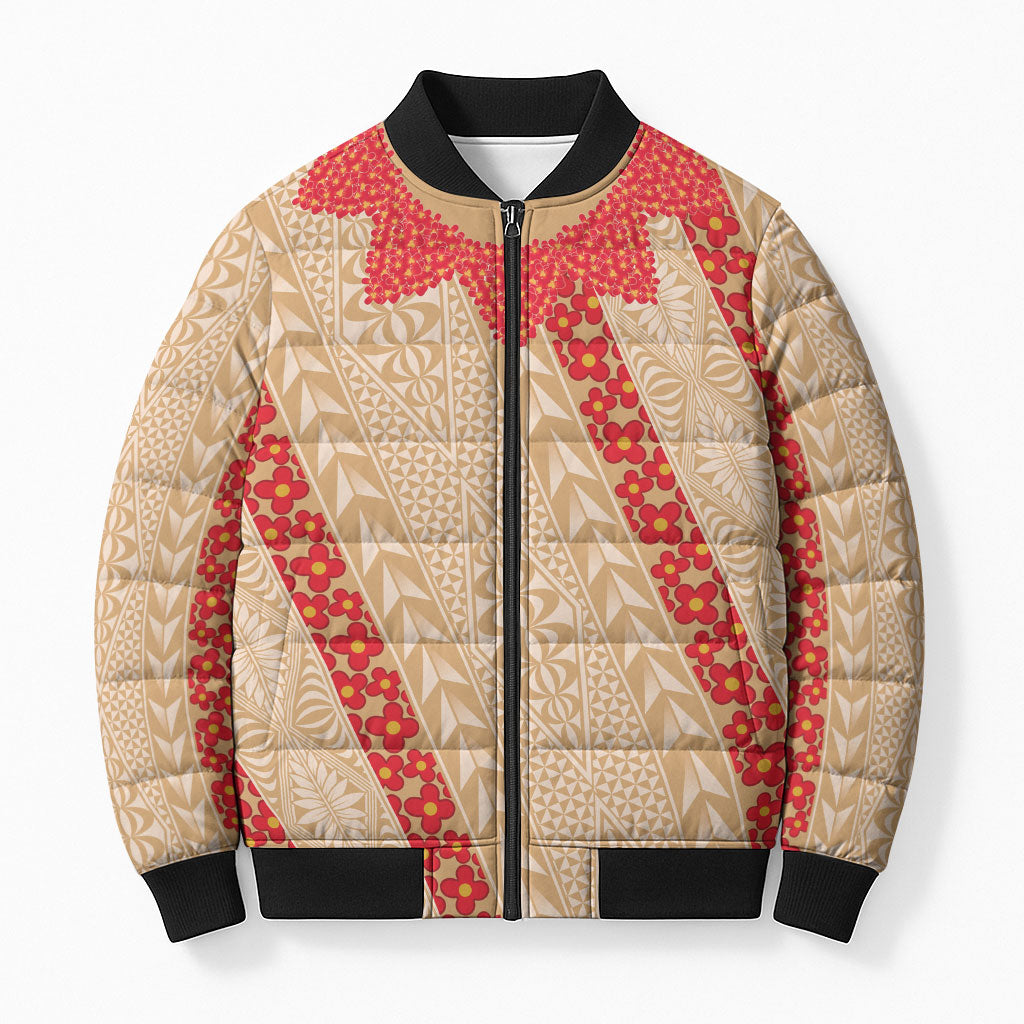 Malo e Lelei Tonga Bomber Puffer Jacket Heilala Lei Tongan Ngatu Pattern LT14 Unisex Beige - Polynesian Pride