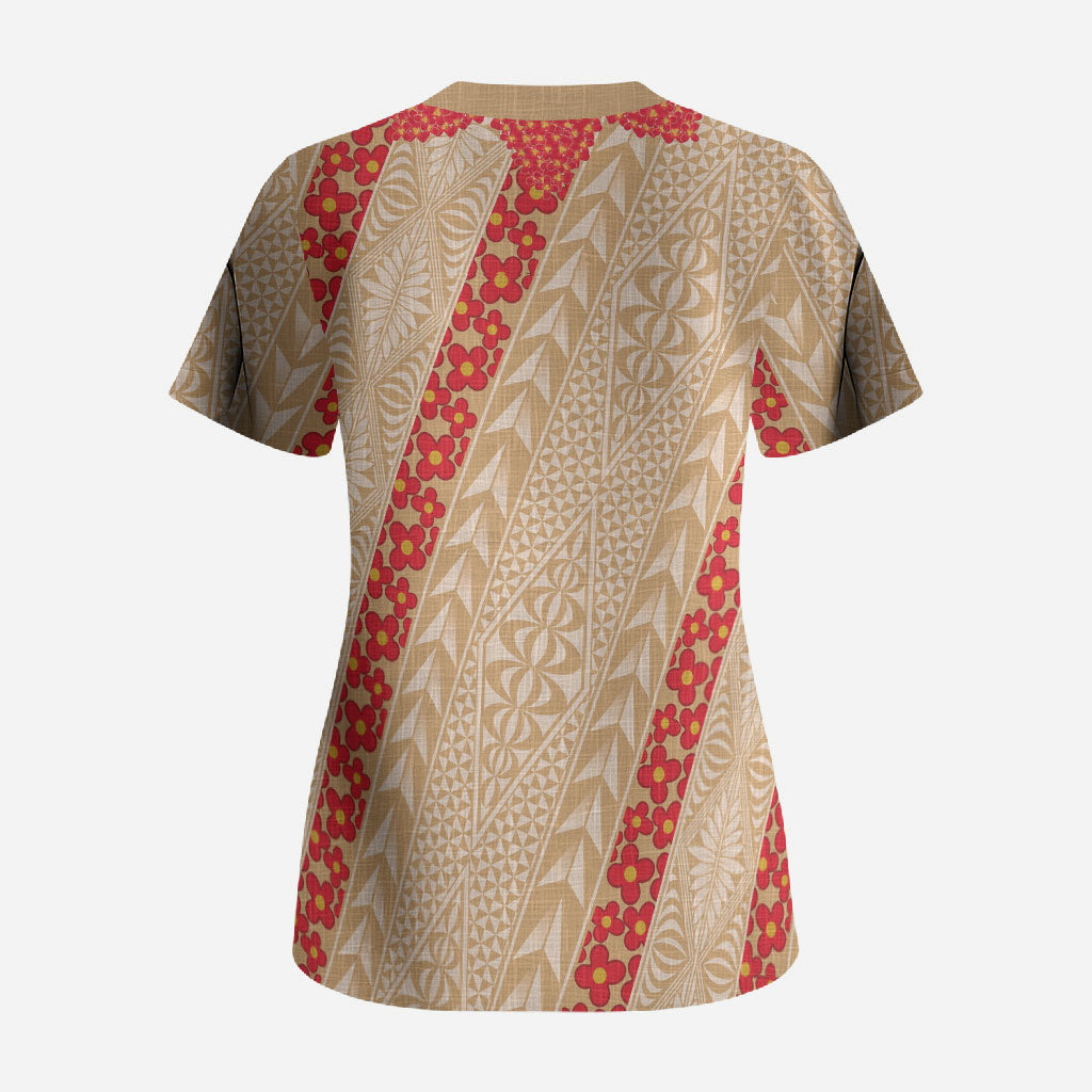 Malo e Lelei Tonga Scrub Top Heilala Lei Tongan Ngatu Pattern LT14 - Polynesian Pride