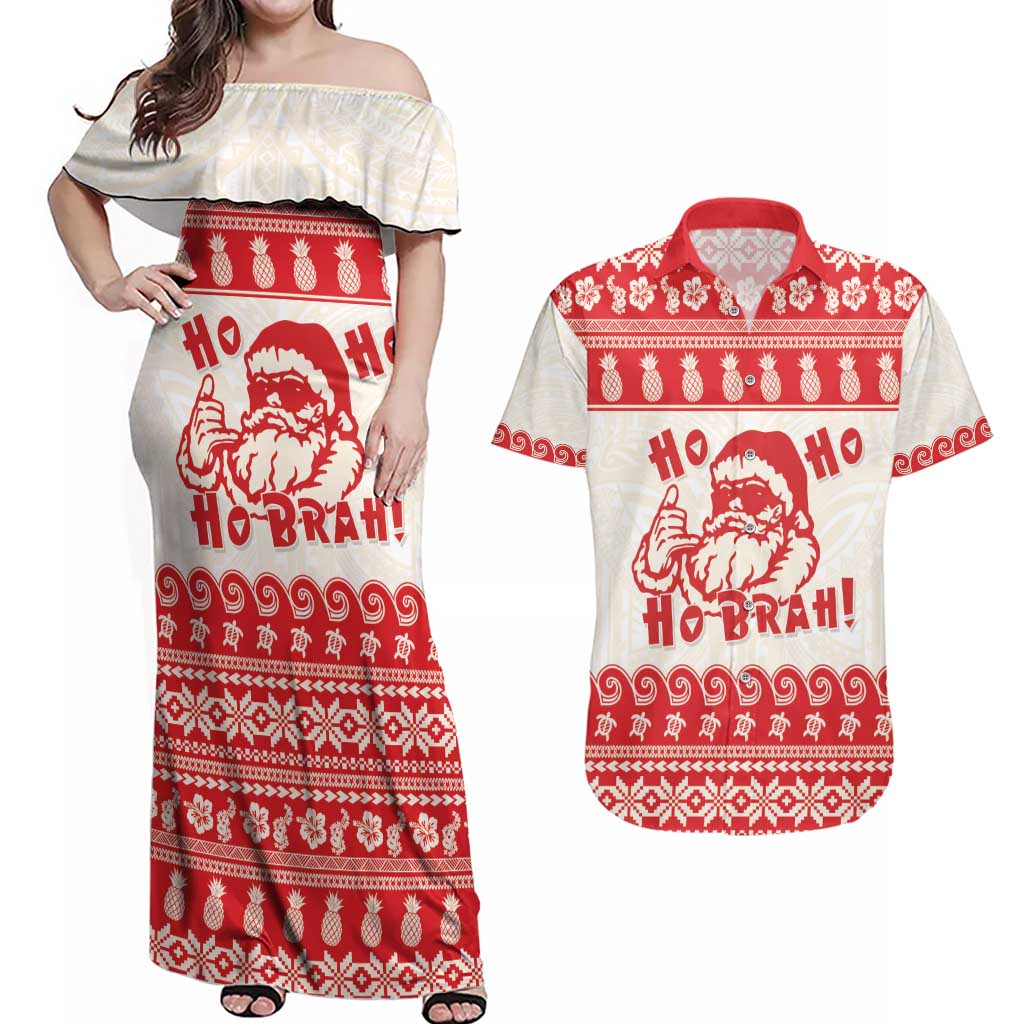 Red Mele Kalikimaka Hawaii Couples Matching Off Shoulder Maxi Dress and Hawaiian Shirt Funny Ho Ho Ho Santa Shaka - Polynesian Pride