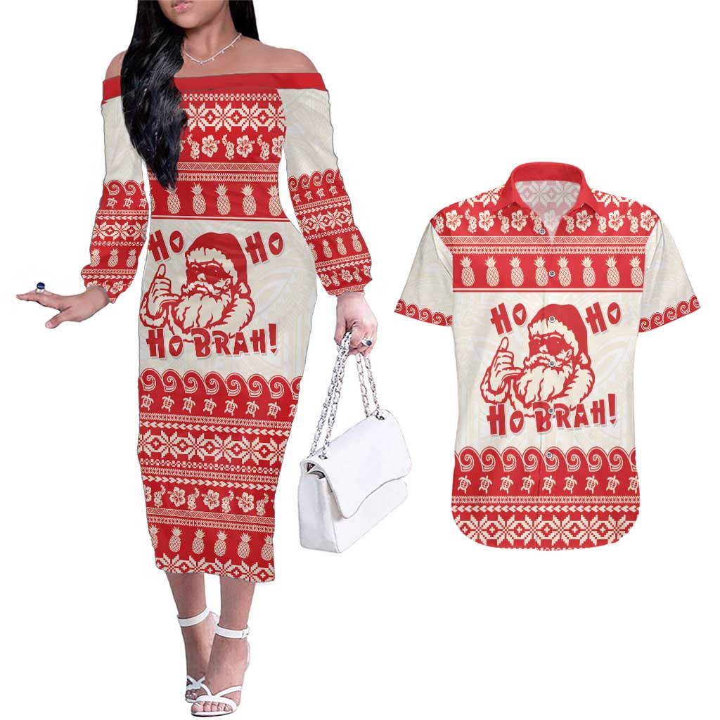 Red Mele Kalikimaka Hawaii Couples Matching Off The Shoulder Long Sleeve Dress and Hawaiian Shirt Funny Ho Ho Ho Santa Shaka - Polynesian Pride