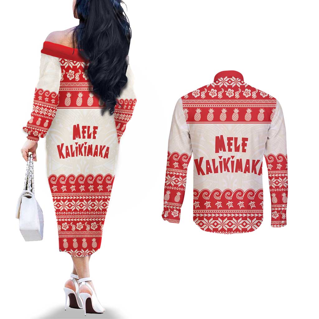 Red Mele Kalikimaka Hawaii Couples Matching Off The Shoulder Long Sleeve Dress and Long Sleeve Button Shirt Funny Ho Ho Ho Santa Shaka - Polynesian Pride
