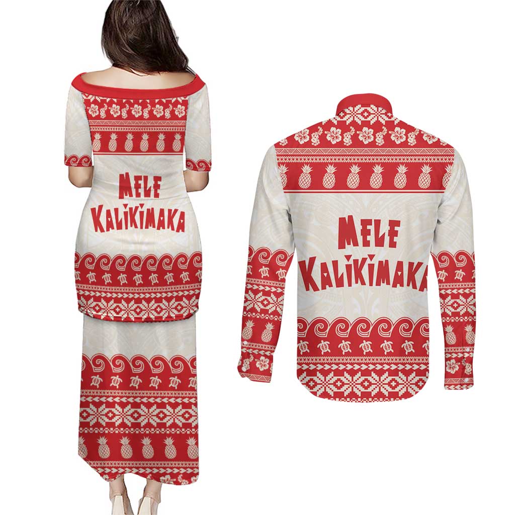 Red Mele Kalikimaka Hawaii Couples Matching Puletasi and Long Sleeve Button Shirt Funny Ho Ho Ho Santa Shaka LT14 - Polynesian Pride