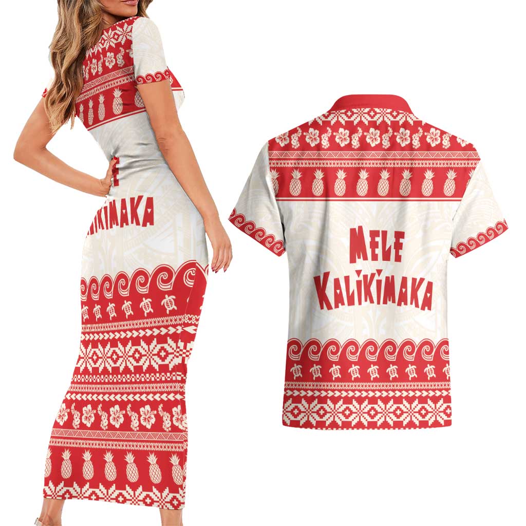 Red Mele Kalikimaka Hawaii Couples Matching Short Sleeve Bodycon Dress and Hawaiian Shirt Funny Ho Ho Ho Santa Shaka - Polynesian Pride