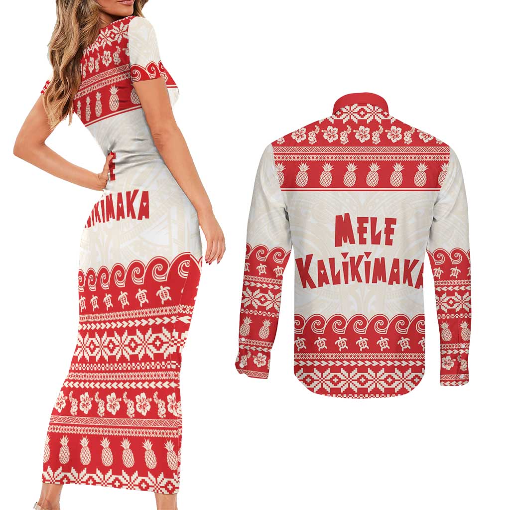 Red Mele Kalikimaka Hawaii Couples Matching Short Sleeve Bodycon Dress and Long Sleeve Button Shirt Funny Ho Ho Ho Santa Shaka - Polynesian Pride