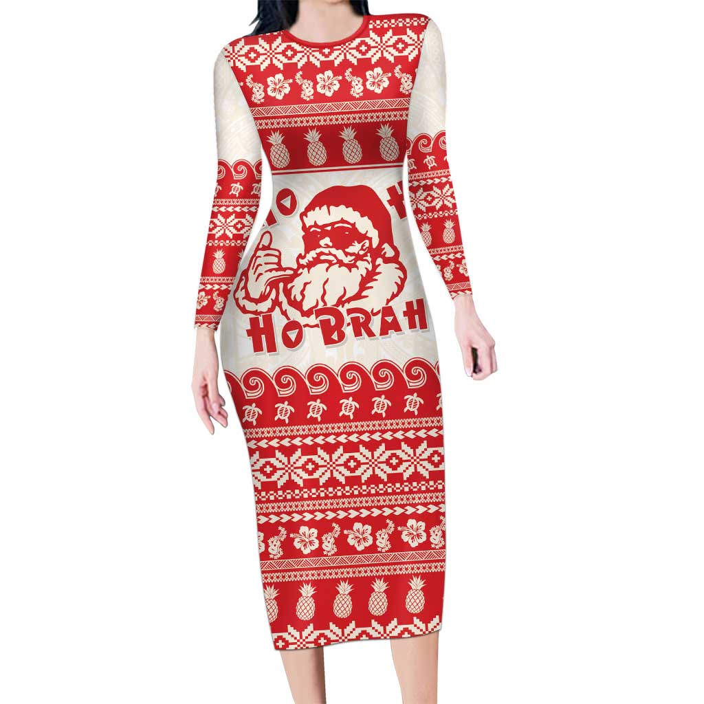 Red Mele Kalikimaka Hawaii Family Matching Long Sleeve Bodycon Dress and Hawaiian Shirt Funny Ho Ho Ho Santa Shaka - Polynesian Pride