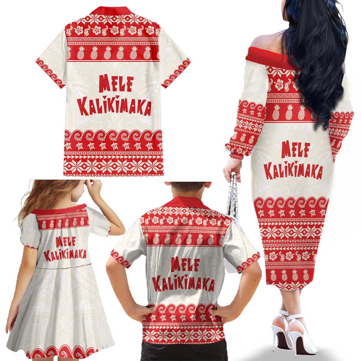 Red Mele Kalikimaka Hawaii Family Matching Off The Shoulder Long Sleeve Dress and Hawaiian Shirt Funny Ho Ho Ho Santa Shaka - Polynesian Pride