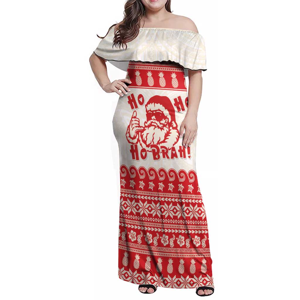 Red Mele Kalikimaka Hawaii Family Matching Off Shoulder Maxi Dress and Hawaiian Shirt Funny Ho Ho Ho Santa Shaka - Polynesian Pride