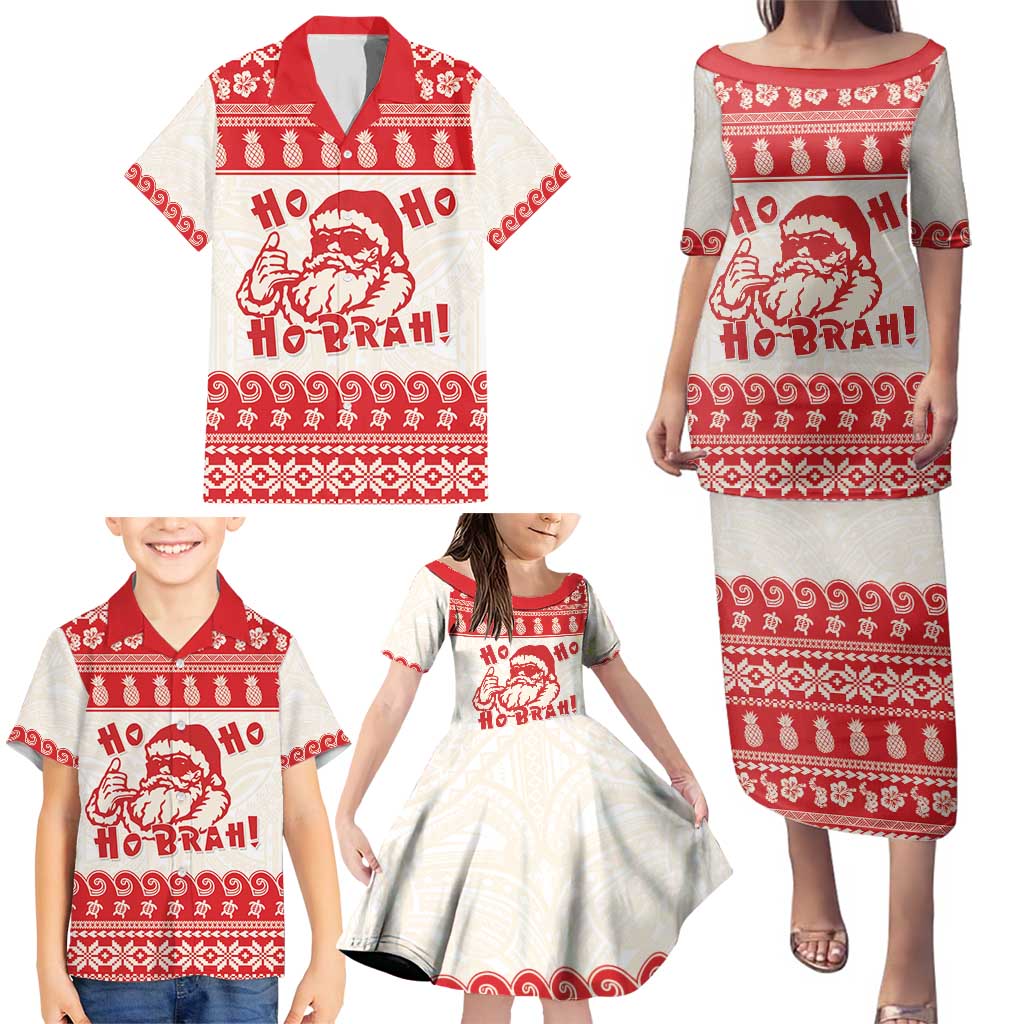 Red Mele Kalikimaka Hawaii Family Matching Puletasi and Hawaiian Shirt Funny Ho Ho Ho Santa Shaka - Polynesian Pride