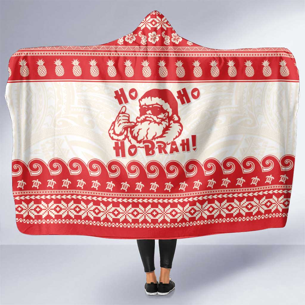 Red Mele Kalikimaka Hawaii Hooded Blanket Funny Ho Ho Ho Santa Shaka - Polynesian Pride