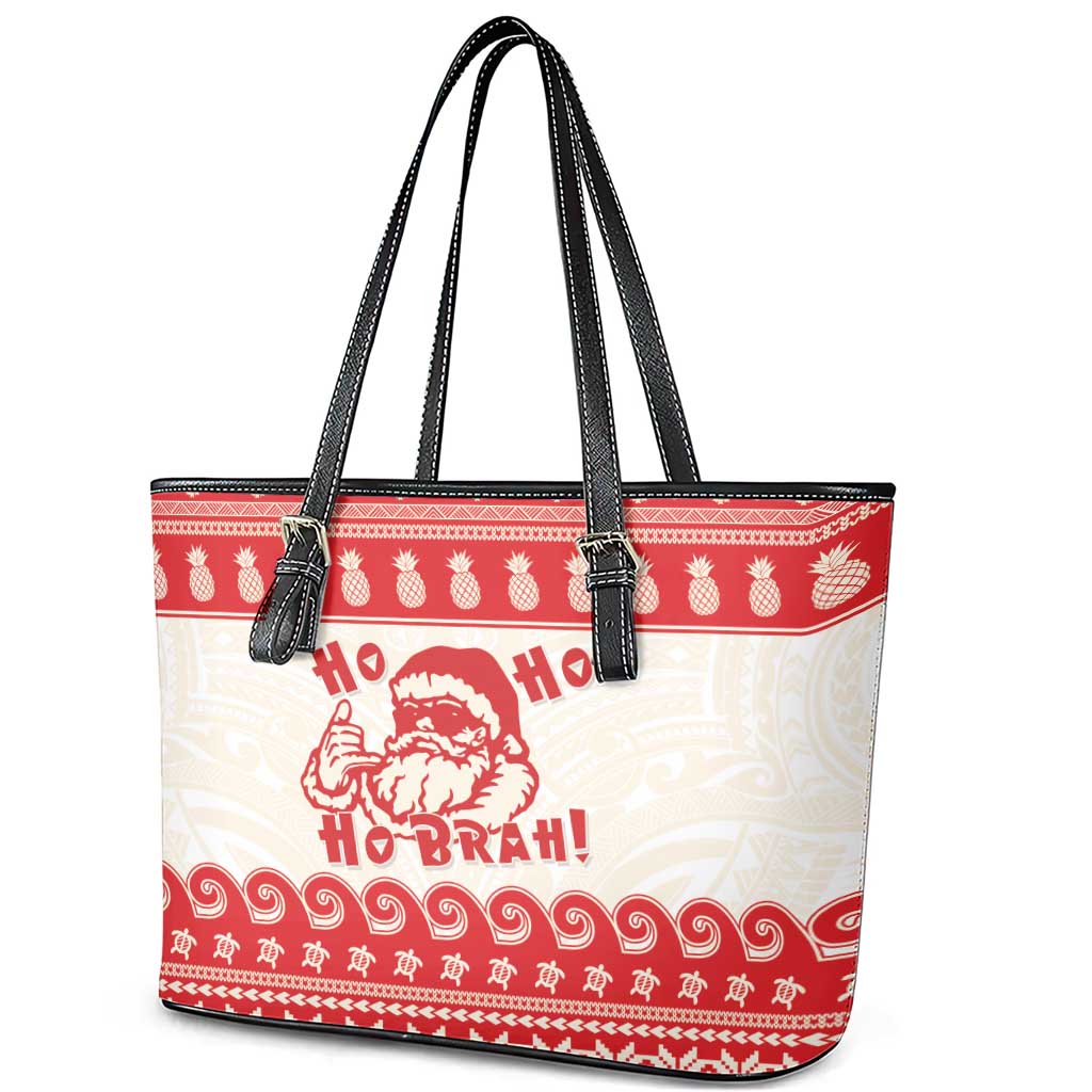 Red Mele Kalikimaka Hawaii Leather Tote Bag Funny Ho Ho Ho Santa Shaka - Polynesian Pride