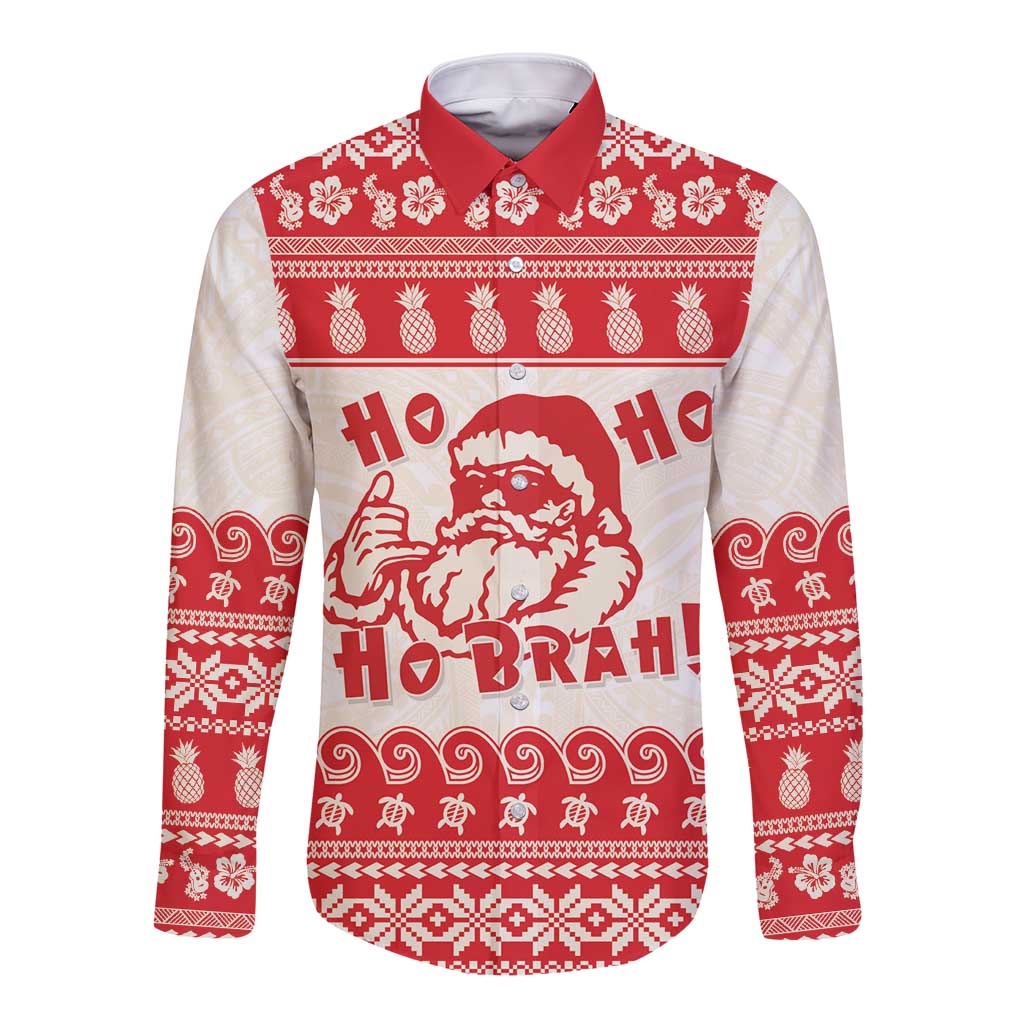 Red Mele Kalikimaka Hawaii Long Sleeve Button Shirt Funny Ho Ho Ho Santa Shaka - Polynesian Pride
