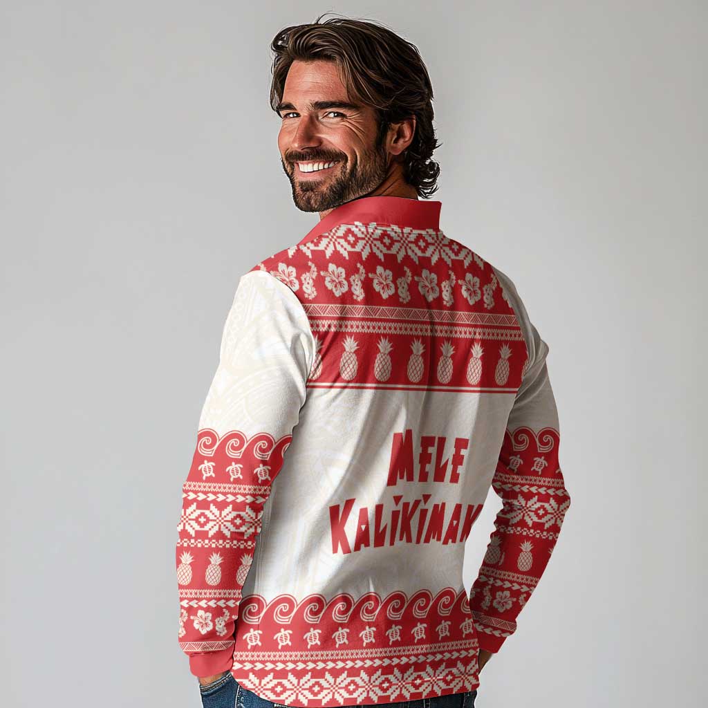 Red Mele Kalikimaka Hawaii Long Sleeve Polo Shirt Funny Ho Ho Ho Santa Shaka - Polynesian Pride