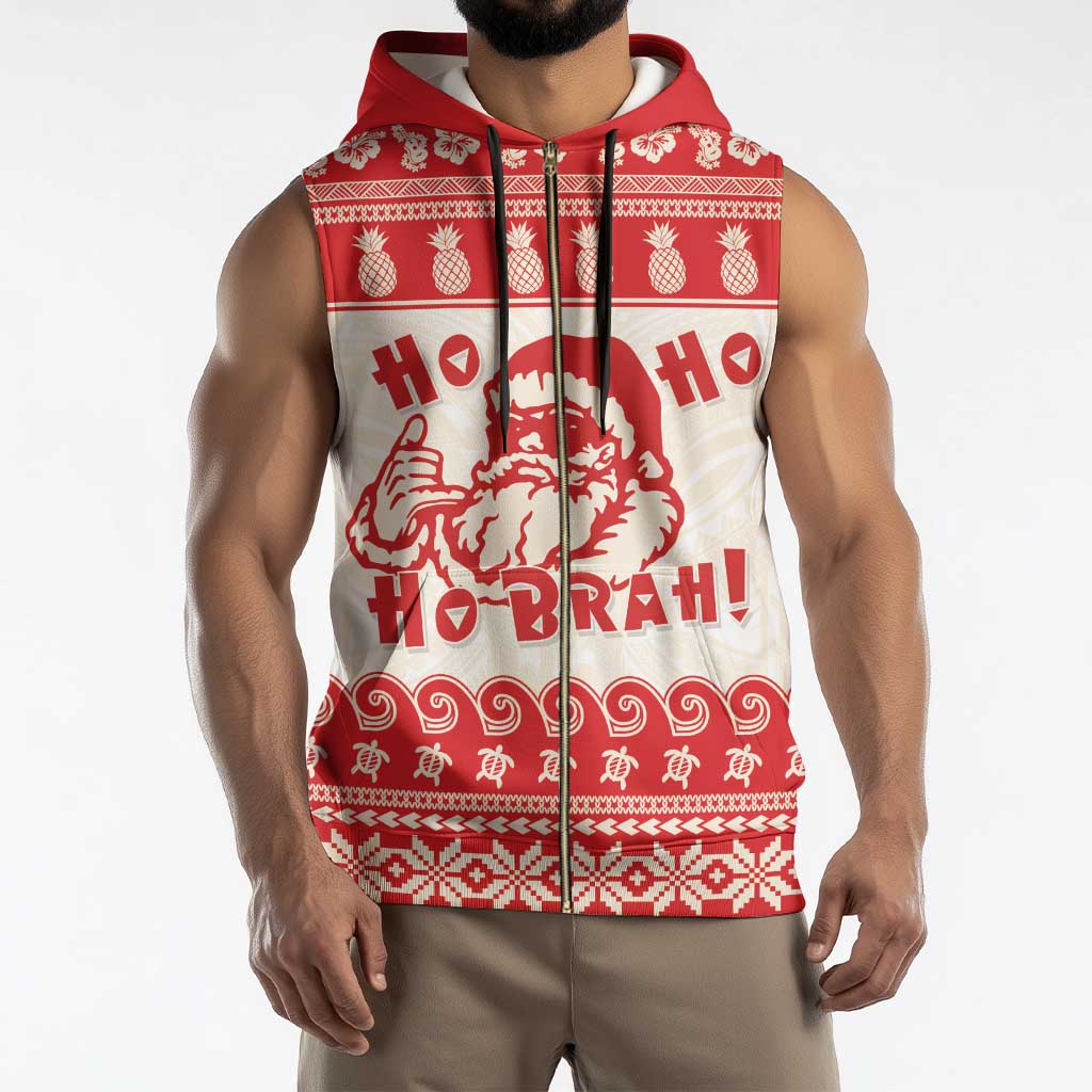 Red Mele Kalikimaka Hawaii Sleeveless Zip Hoodie Funny Ho Ho Ho Santa Shaka - Polynesian Pride