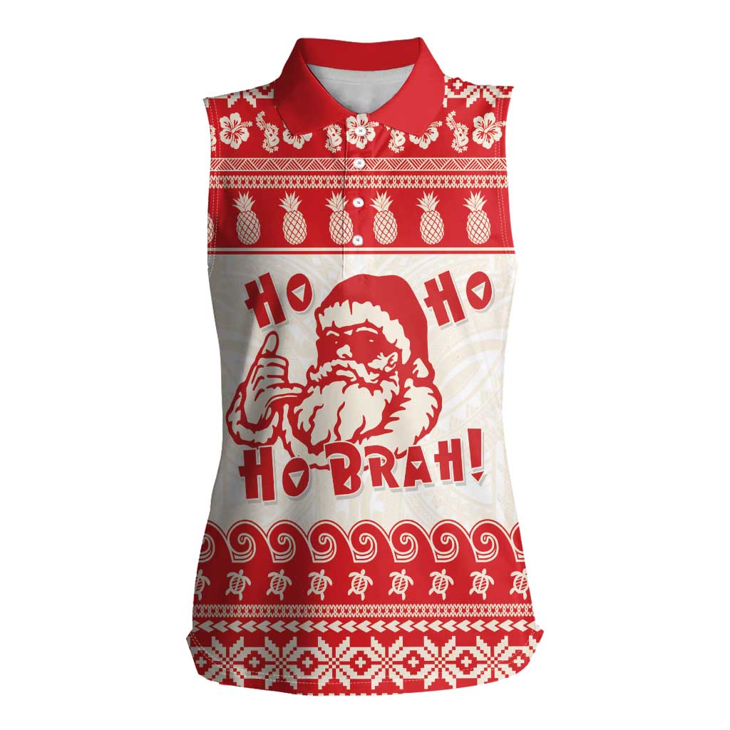Red Mele Kalikimaka Hawaii Women Sleeveless Polo Shirt Funny Ho Ho Ho Santa Shaka - Polynesian Pride