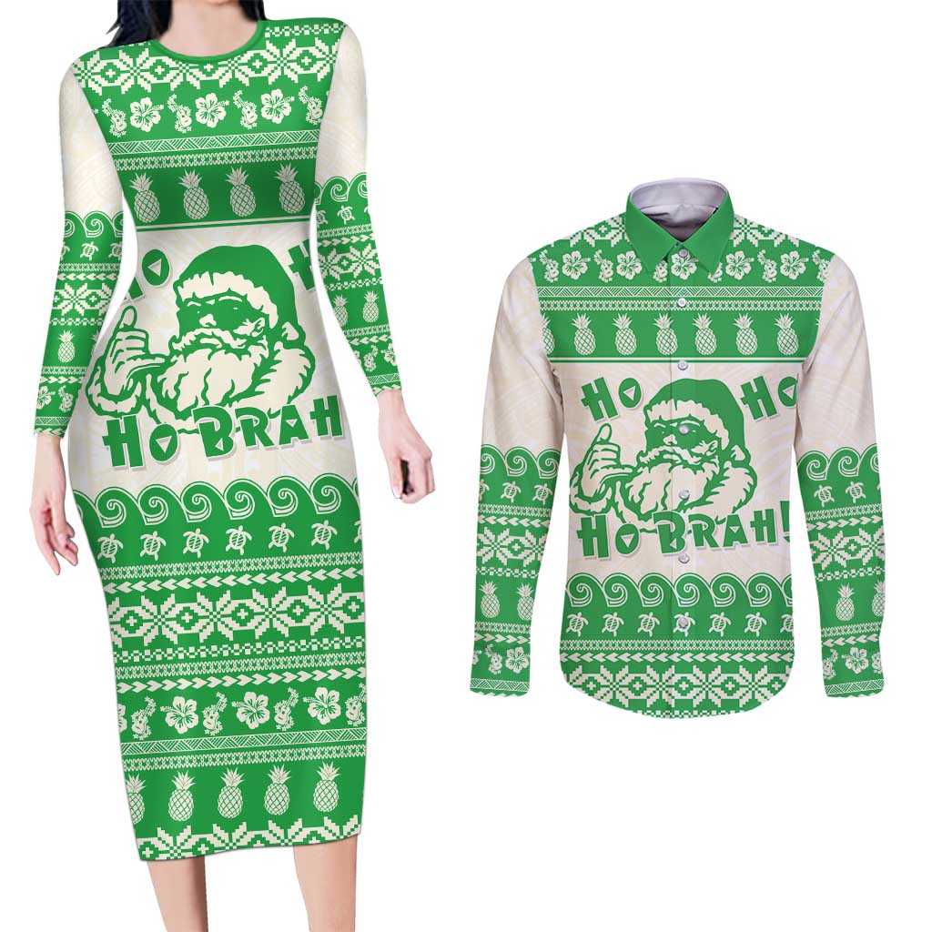 Green Mele Kalikimaka Hawaii Couples Matching Long Sleeve Bodycon Dress and Long Sleeve Button Shirt Funny Ho Ho Ho Santa Shaka - Polynesian Pride