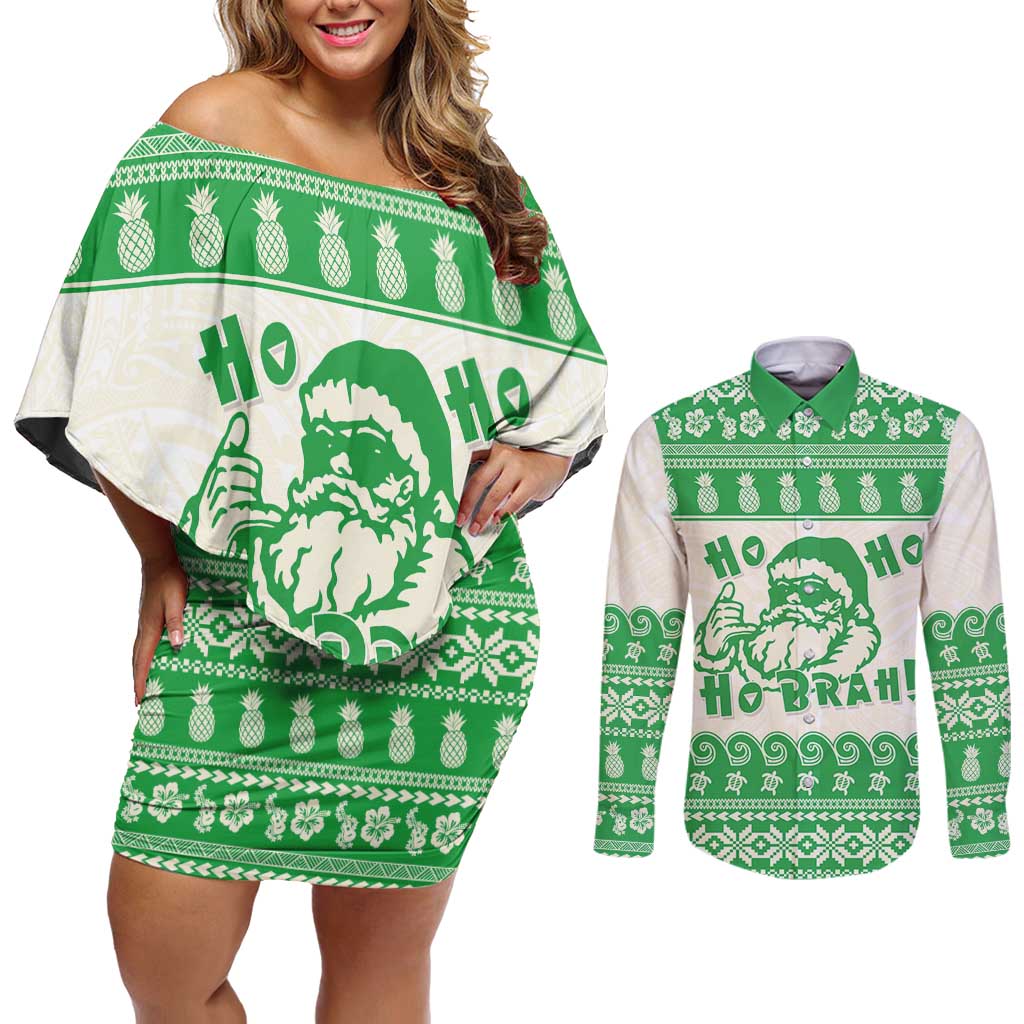 Green Mele Kalikimaka Hawaii Couples Matching Off Shoulder Short Dress and Long Sleeve Button Shirt Funny Ho Ho Ho Santa Shaka - Polynesian Pride