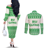 Green Mele Kalikimaka Hawaii Couples Matching Off The Shoulder Long Sleeve Dress and Long Sleeve Button Shirt Funny Ho Ho Ho Santa Shaka - Polynesian Pride