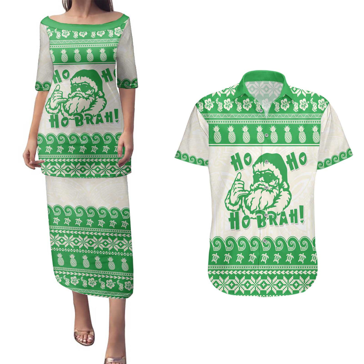 Green Mele Kalikimaka Hawaii Couples Matching Puletasi and Hawaiian Shirt Funny Ho Ho Ho Santa Shaka - Polynesian Pride