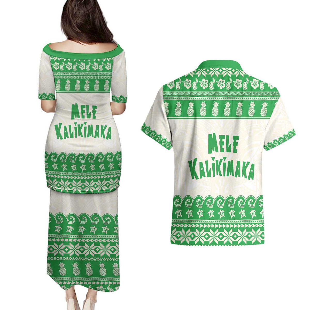 Green Mele Kalikimaka Hawaii Couples Matching Puletasi and Hawaiian Shirt Funny Ho Ho Ho Santa Shaka - Polynesian Pride
