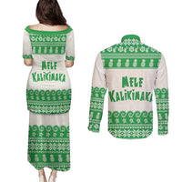 Green Mele Kalikimaka Hawaii Couples Matching Puletasi and Long Sleeve Button Shirt Funny Ho Ho Ho Santa Shaka - Polynesian Pride