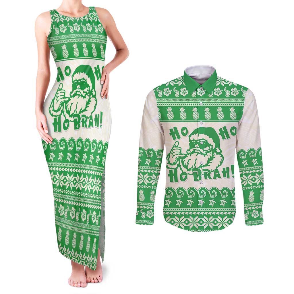Green Mele Kalikimaka Hawaii Couples Matching Tank Maxi Dress and Long Sleeve Button Shirt Funny Ho Ho Ho Santa Shaka - Polynesian Pride