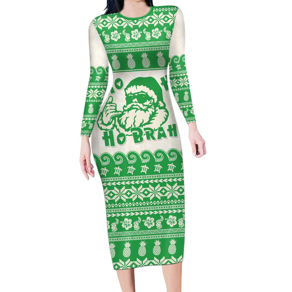 Green Mele Kalikimaka Hawaii Family Matching Long Sleeve Bodycon Dress and Hawaiian Shirt Funny Ho Ho Ho Santa Shaka - Polynesian Pride