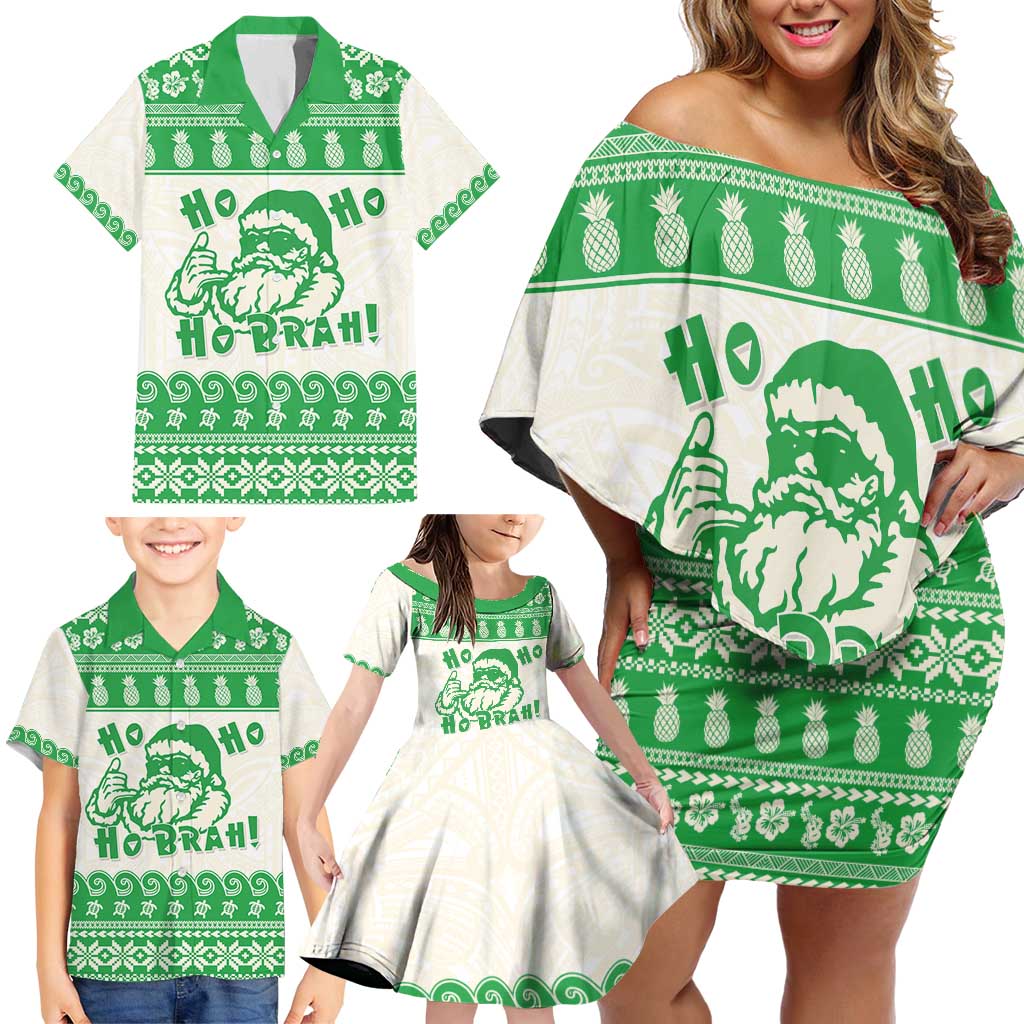 Green Mele Kalikimaka Hawaii Family Matching Off Shoulder Short Dress and Hawaiian Shirt Funny Ho Ho Ho Santa Shaka - Polynesian Pride