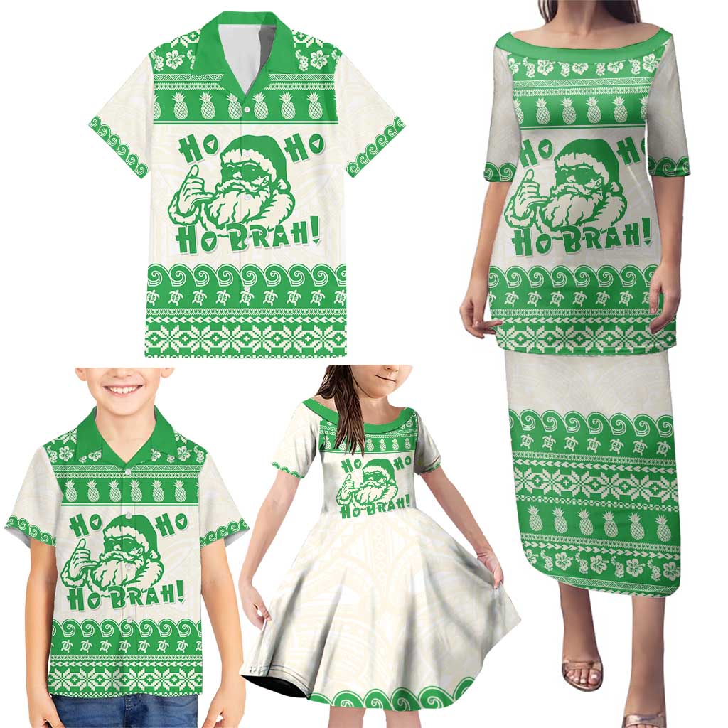 Green Mele Kalikimaka Hawaii Family Matching Puletasi and Hawaiian Shirt Funny Ho Ho Ho Santa Shaka - Polynesian Pride