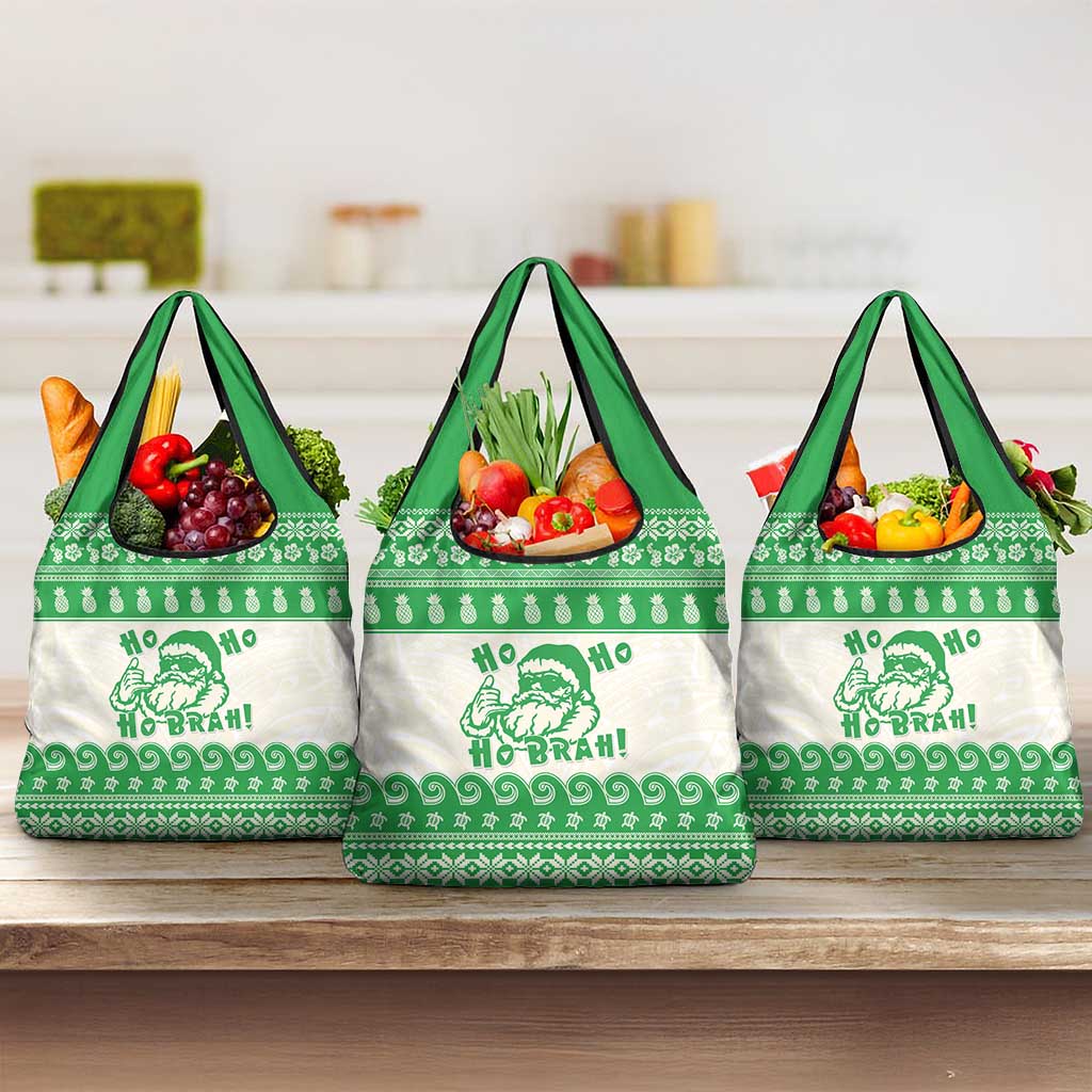 Green Mele Kalikimaka Hawaii Grocery Bag Funny Ho Ho Ho Santa Shaka LT14 3-pack One Size Green - Polynesian Pride