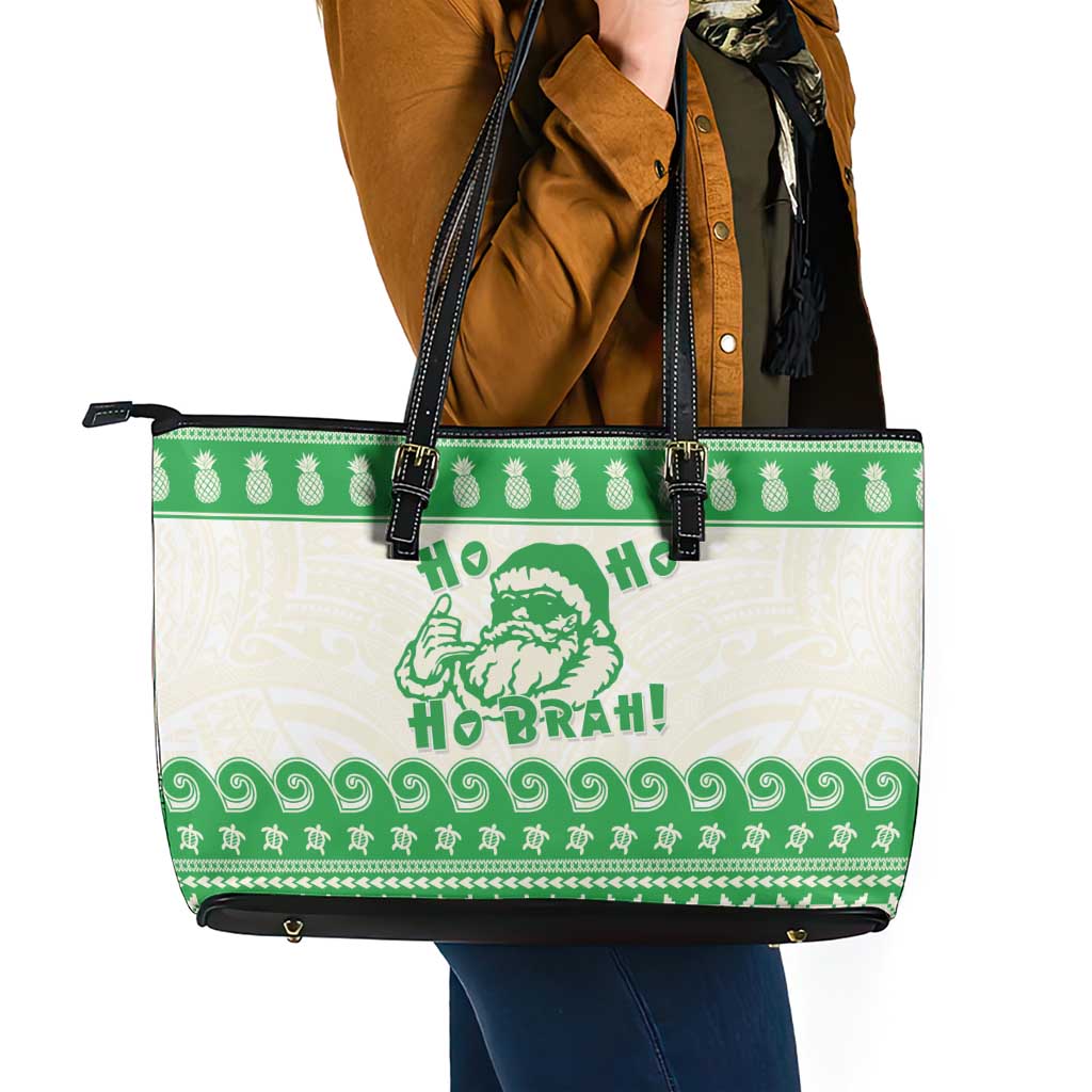 Green Mele Kalikimaka Hawaii Leather Tote Bag Funny Ho Ho Ho Santa Shaka - Polynesian Pride