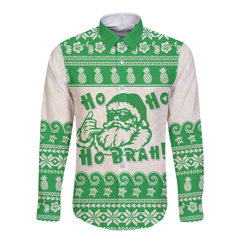 Green Mele Kalikimaka Hawaii Long Sleeve Button Shirt Funny Ho Ho Ho Santa Shaka - Polynesian Pride
