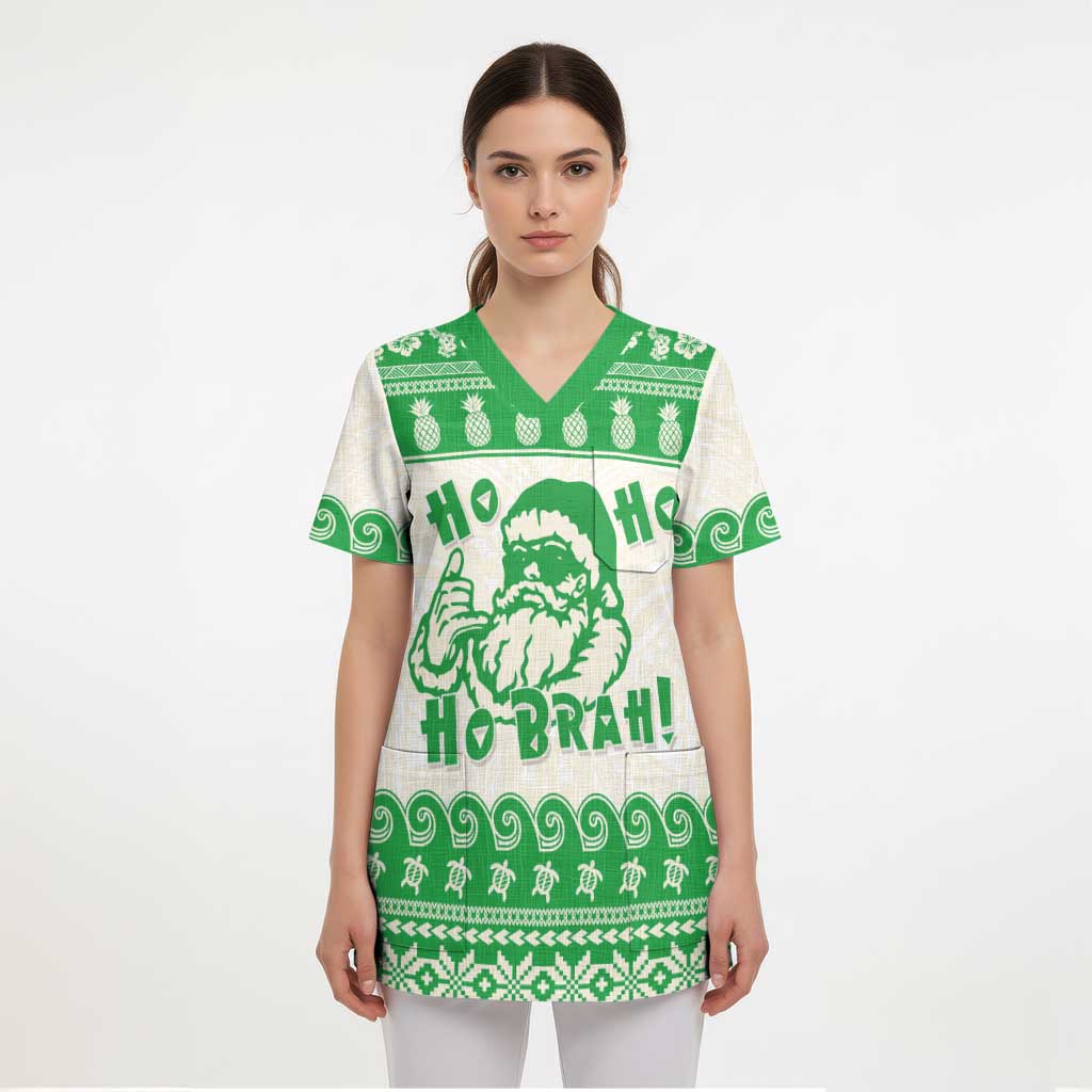 Green Mele Kalikimaka Hawaii Scrub Top Funny Ho Ho Ho Santa Shaka - Polynesian Pride