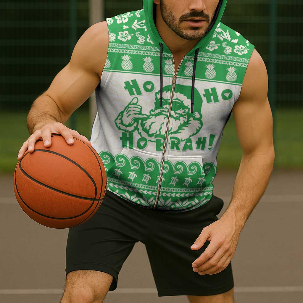 Green Mele Kalikimaka Hawaii Sleeveless Zip Hoodie Funny Ho Ho Ho Santa Shaka - Polynesian Pride