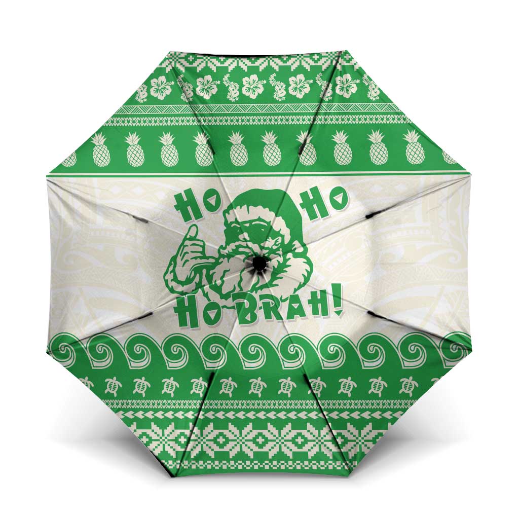 Green Mele Kalikimaka Hawaii Umbrella Funny Ho Ho Ho Santa Shaka LT14 One Size Folded 11.42 inch Opened Diameter 37.4 inch Green - Polynesian Pride