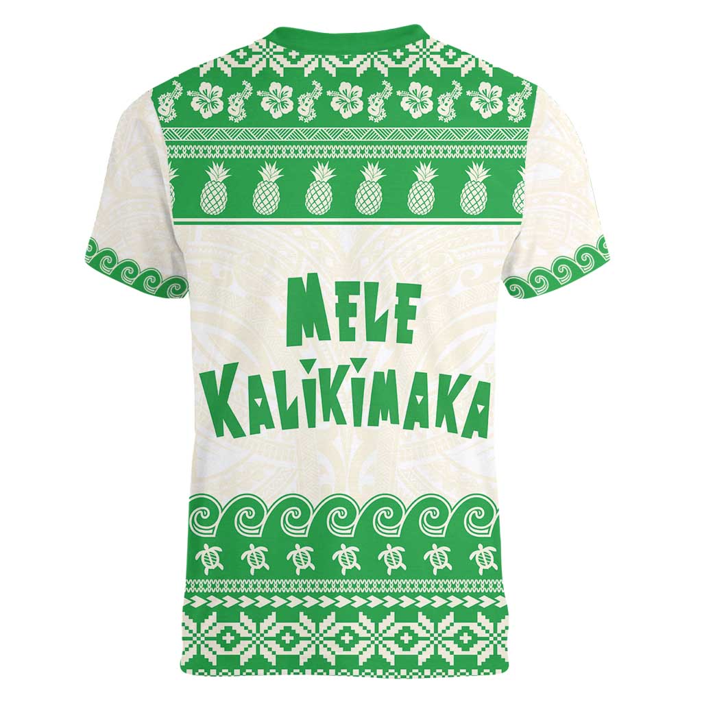 Green Mele Kalikimaka Hawaii Women V-Neck T-Shirt Funny Ho Ho Ho Santa Shaka - Polynesian Pride
