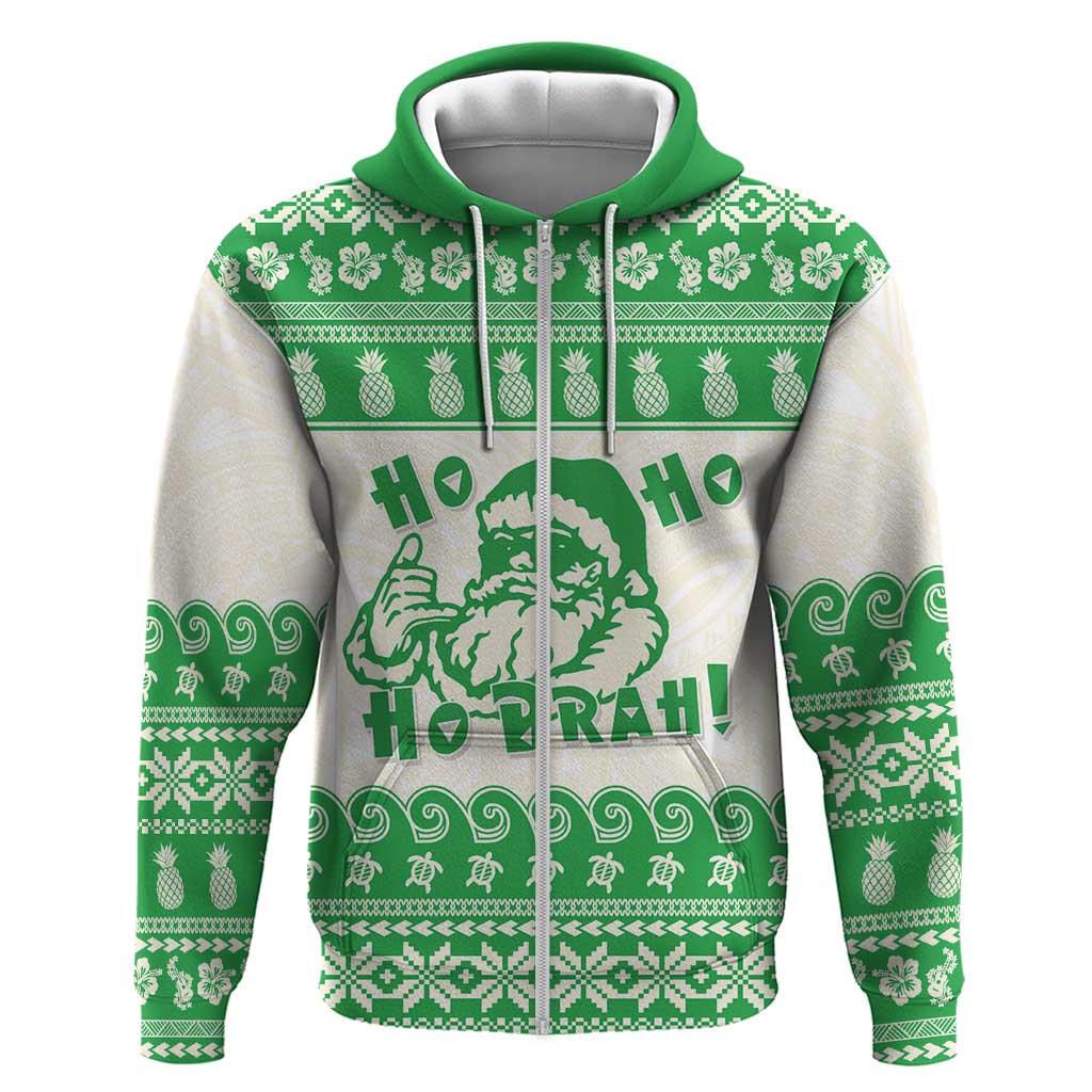 Green Mele Kalikimaka Hawaii Zip Hoodie Funny Ho Ho Ho Santa Shaka - Polynesian Pride