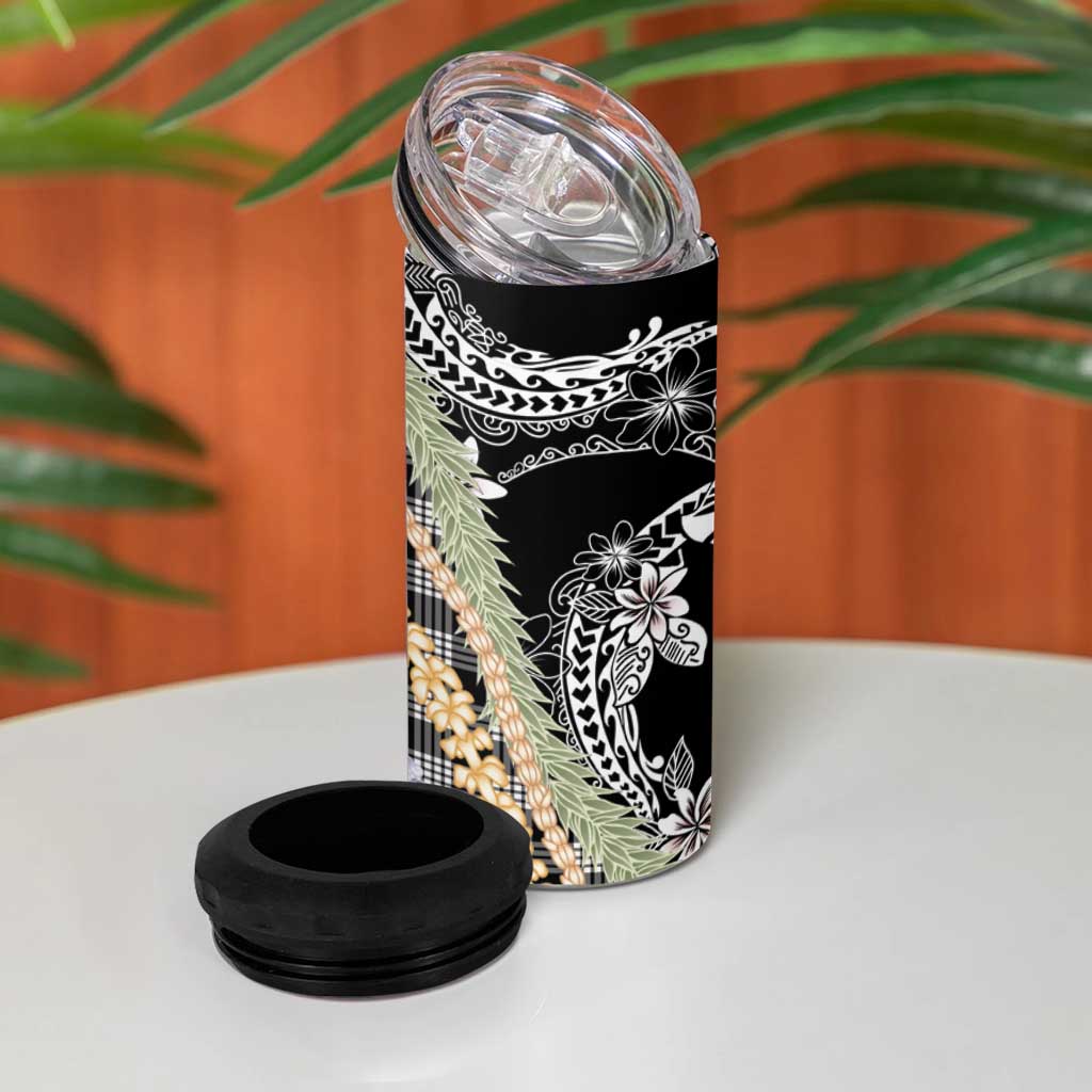 Black Palaka Hawaii Leis 4 in 1 Can Cooler Tumbler Hawaiian-plaid Elegant Tropical Vibes LT14 - Polynesian Pride