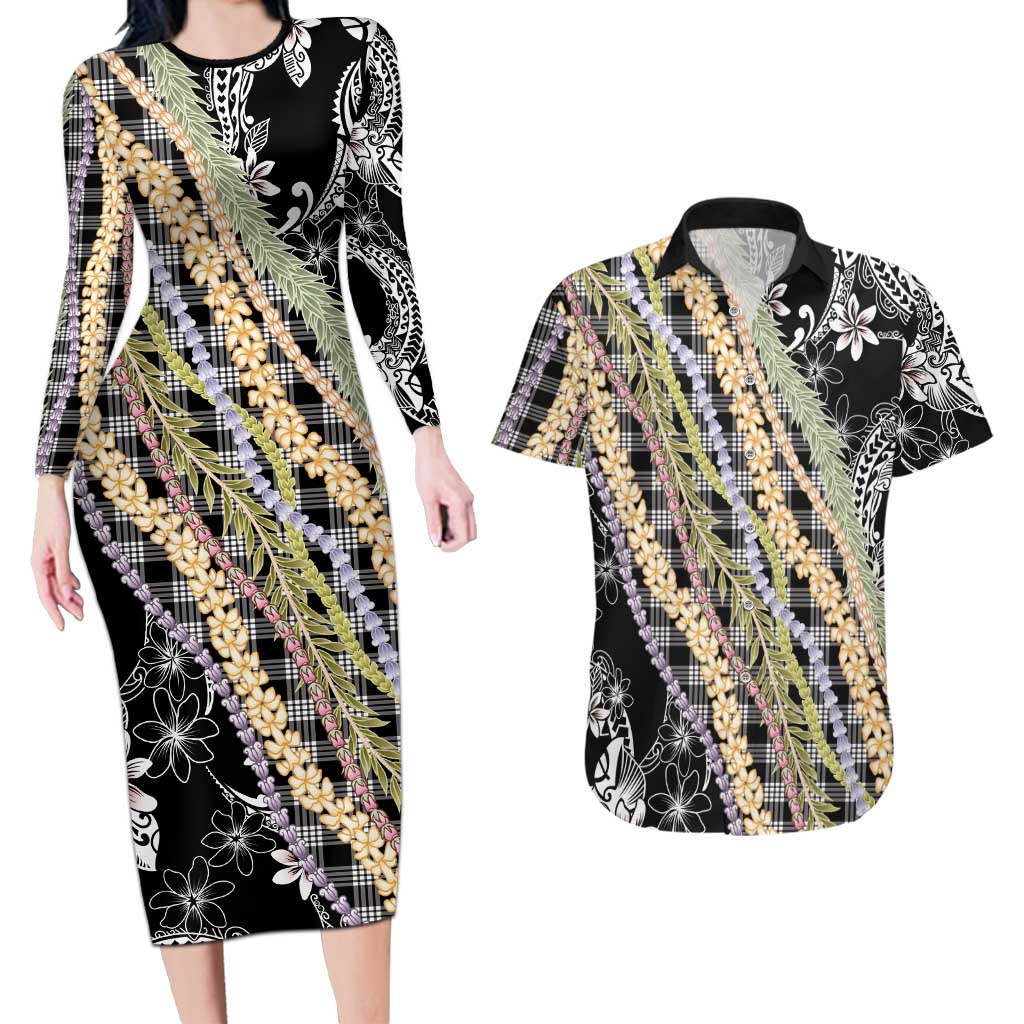 Black Palaka Hawaii Leis Couples Matching Long Sleeve Bodycon Dress and Hawaiian Shirt Hawaiian-plaid Elegant Tropical Vibes - Polynesian Pride