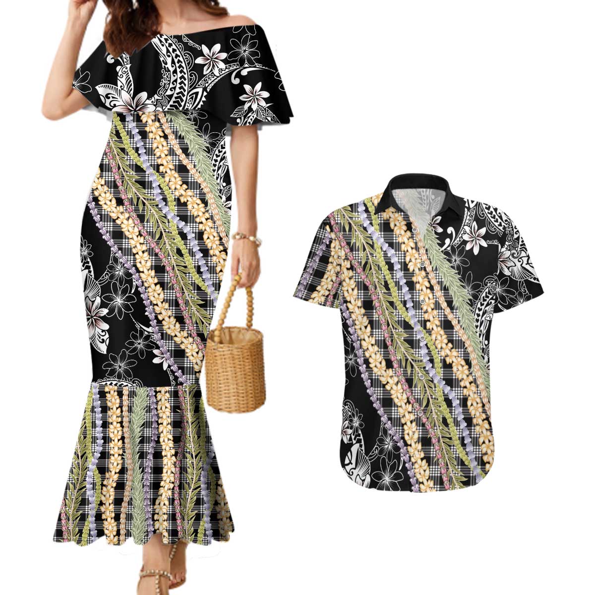 Black Palaka Hawaii Leis Couples Matching Mermaid Dress and Hawaiian Shirt Hawaiian-plaid Elegant Tropical Vibes - Polynesian Pride