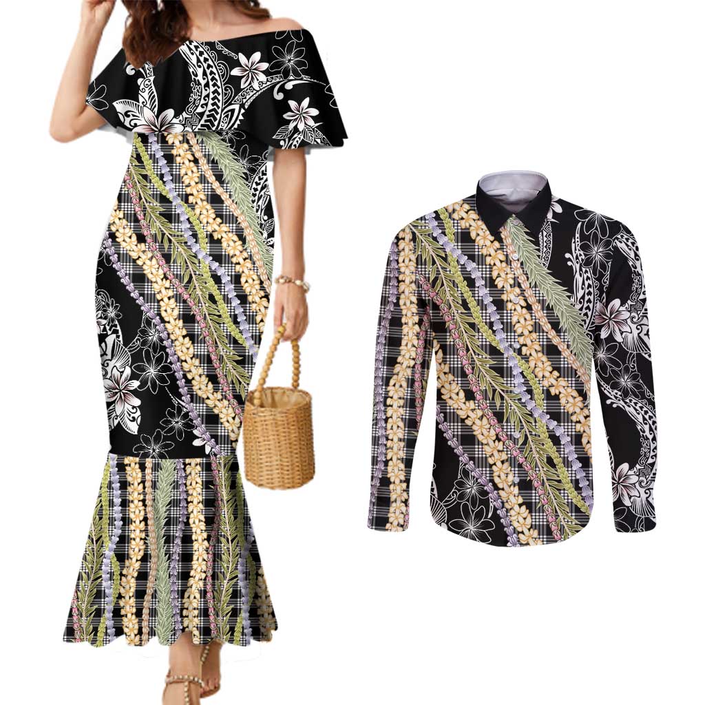 Black Palaka Hawaii Leis Couples Matching Mermaid Dress and Long Sleeve Button Shirt Hawaiian-plaid Elegant Tropical Vibes LT14 Black - Polynesian Pride