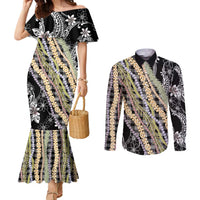 Black Palaka Hawaii Leis Couples Matching Mermaid Dress and Long Sleeve Button Shirt Hawaiian-plaid Elegant Tropical Vibes LT14 Black - Polynesian Pride