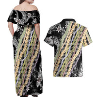Black Palaka Hawaii Leis Couples Matching Off Shoulder Maxi Dress and Hawaiian Shirt Hawaiian-plaid Elegant Tropical Vibes - Polynesian Pride