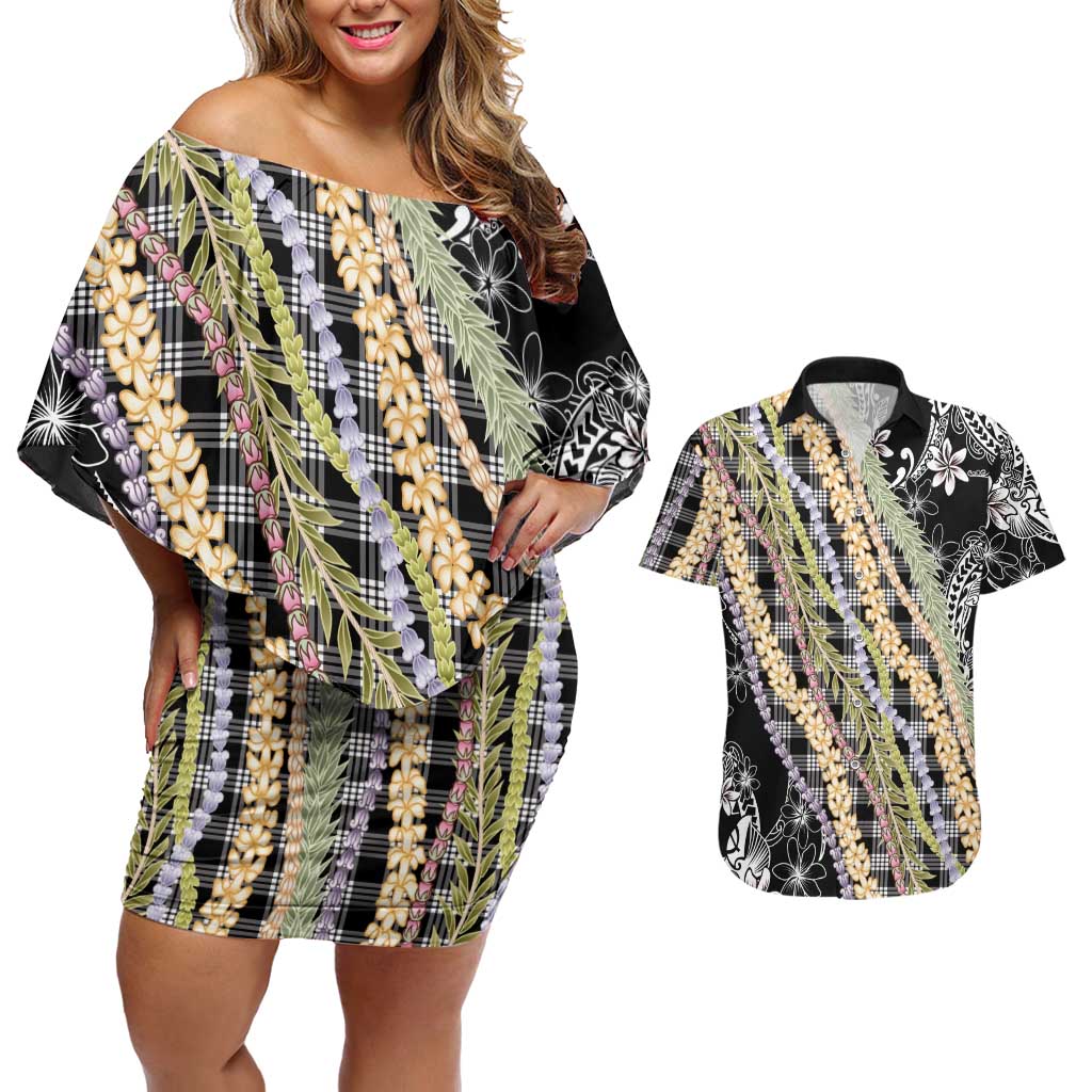 Black Palaka Hawaii Leis Couples Matching Off Shoulder Short Dress and Hawaiian Shirt Hawaiian-plaid Elegant Tropical Vibes - Polynesian Pride