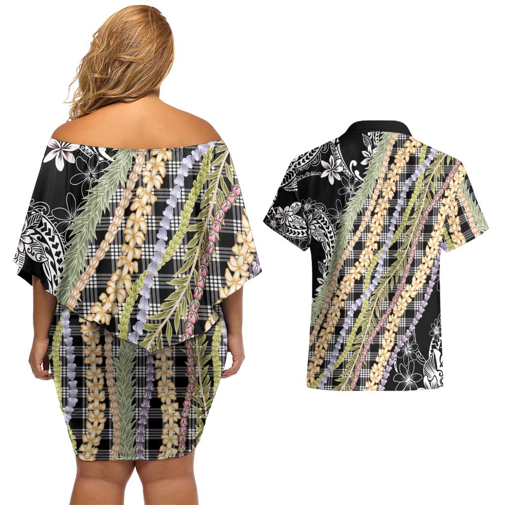 Black Palaka Hawaii Leis Couples Matching Off Shoulder Short Dress and Hawaiian Shirt Hawaiian-plaid Elegant Tropical Vibes - Polynesian Pride