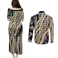 Black Palaka Hawaii Leis Couples Matching Puletasi and Long Sleeve Button Shirt Hawaiian-plaid Elegant Tropical Vibes - Polynesian Pride